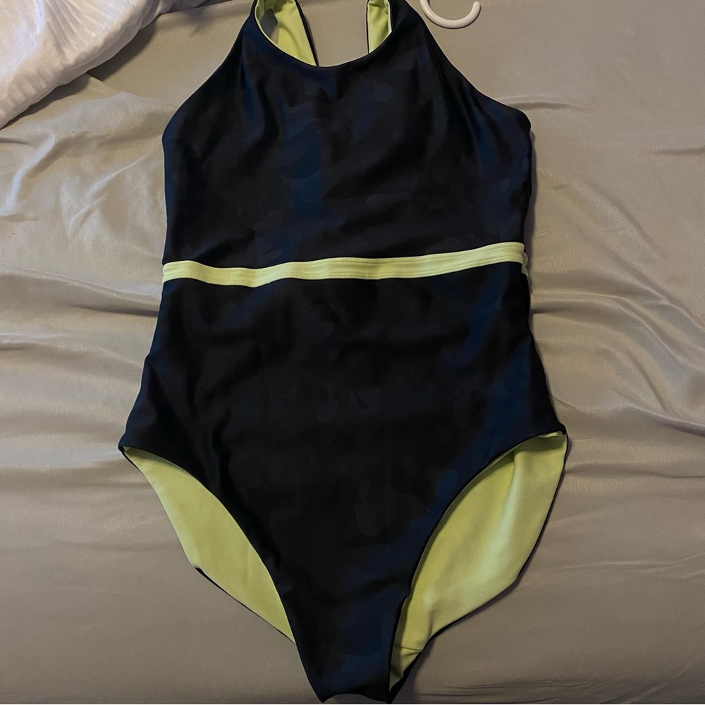 bloomingdales one peice bathing suit, size 16 kids, camo and yellow, reversible